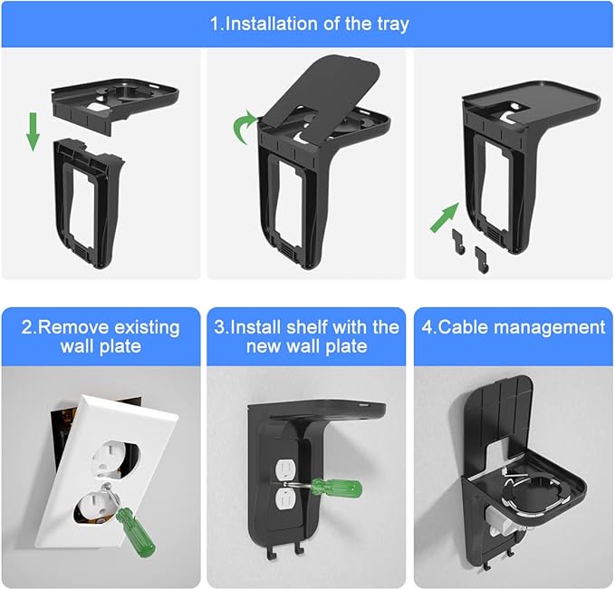Suptek Wall Outlet Shelf 2 Pack,Home Wall Shelf Organizer for Outlets,Perfect for Bathroom, Kitchen, Bedrooms,Hold Cell Phone,Speaker up to 20lbs,With Cable Management and Detachable Hooks,Black(S3B2)