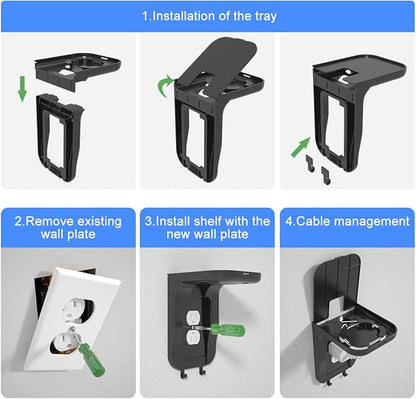 Suptek Wall Outlet Shelf 2 Pack,Home Wall Shelf Organizer for Outlets,Perfect for Bathroom, Kitchen, Bedrooms,Hold Cell Phone,Speaker up to 20lbs,With Cable Management and Detachable Hooks,Black(S3B2)