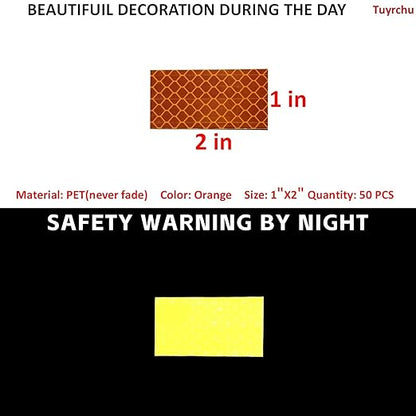 Non Fading Orange Reflective Stickers 1 inch X 2 inch, Outdoor Waterproof High Visibility Warning Safety Adhesive Reflector Tape (50 Pcs)