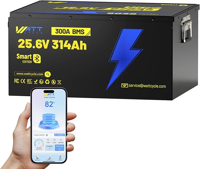 WattCycle 24V 314Ah LiFePO4 Battery, 24V Lithium Battery 300A BMS, LiFePO4 Battery 15000+ Deep Cycles, Rechargable Batteries Built-in Bluetooth, Perfect for Home Energy, RV, Marine, Solar