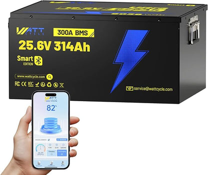 WattCycle 24V 314Ah LiFePO4 Battery, 24V Lithium Battery 300A BMS, LiFePO4 Battery 15000+ Deep Cycles, Rechargable Batteries Built-in Bluetooth, Perfect for Home Energy, RV, Marine, Solar