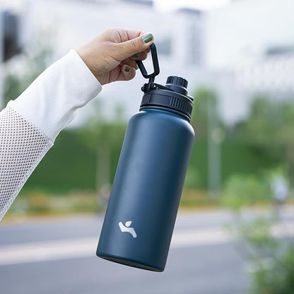 40oz Insulated Water Bottle Stainless Steel Sport Bottles with 3 Lids,Navy Blue