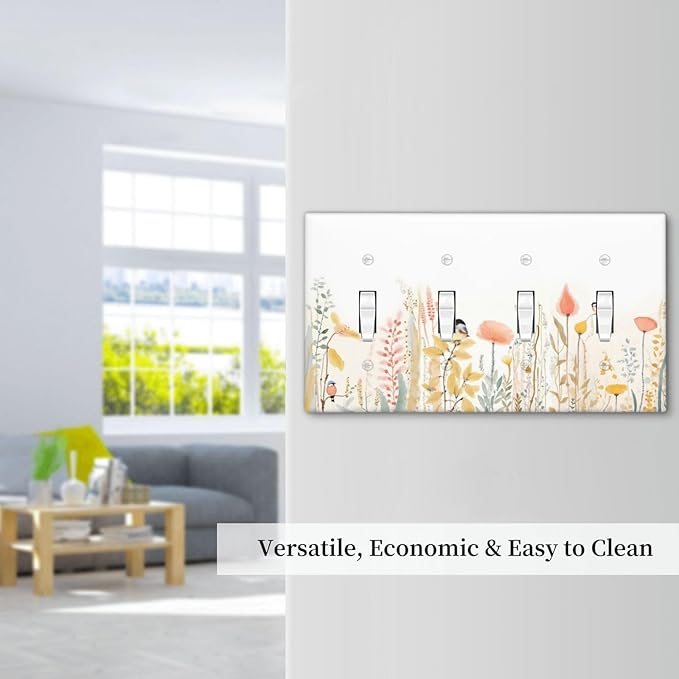 Light Switch Covers Colorful Floral Watercolour Cuddly Bird Quad Toggle Electrical Faceplate 4 Gang Wall Plate Decorative Switch Plates For Bed Room Living Room Decor