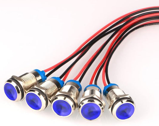 5pcs 10mm Energy-saving LED Metal Indicator Light AC/DC 12-24V Waterproof Signal Lamp with Wire(Blue)