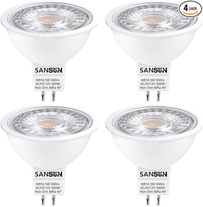 5W MR16 LED Landscape Light Bulbs, Low Voltage 12V 50W Halogen Replacement for Outdoor Landscape Spotlight and Track Light, GU5.3 Bi-Pin Base, Daylight White 4000K, Non-Dimmable, (Pack of 4)