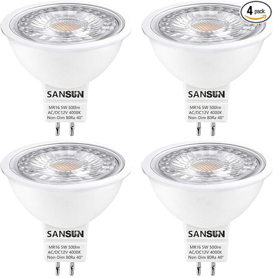 5W MR16 LED Landscape Light Bulbs, Low Voltage 12V 50W Halogen Replacement for Outdoor Landscape Spotlight and Track Light, GU5.3 Bi-Pin Base, Daylight White 4000K, Non-Dimmable, (Pack of 4)