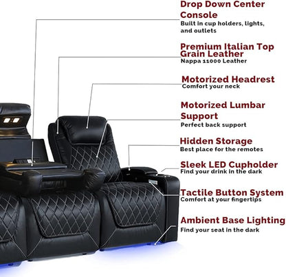 Valencia Oslo Home Theater Seating | Premium Top Grain Italian Nappa 11000 Leather, Power Headrest, Power Lumbar Support, with Center Console (Row of 3, Black)