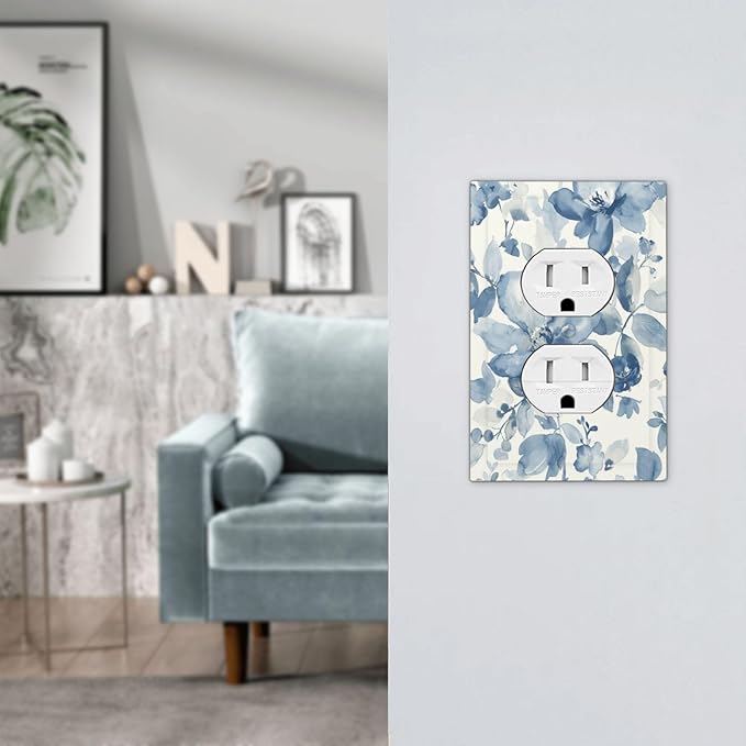 Outlet Covers Blue Watercolor Floral 1 Gang Duplex Wall Plate Decorative Switch Plates Electrical Receptacle Faceplate Light Switch Cover for Bedroom Bathroom Decor