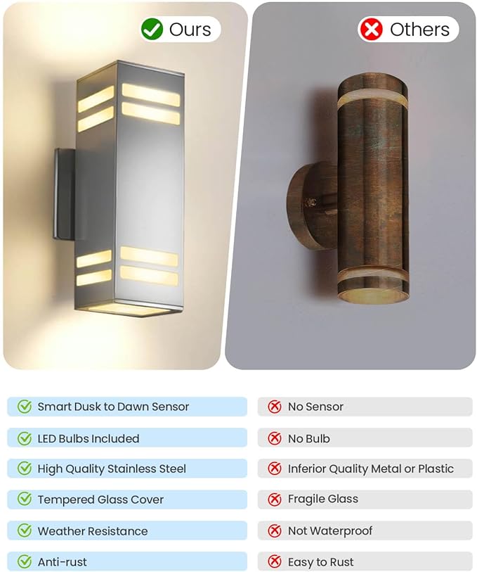 KIZON Modern Dusk to Dawn Outdoor Lighting 2 Pack, Stainless Steel Up and Down Sconce with E26 Base, Includes 3000K Bulbs, Waterproof Exterior Lighting Fixtures, Outdoor Lights for House Porch Garage