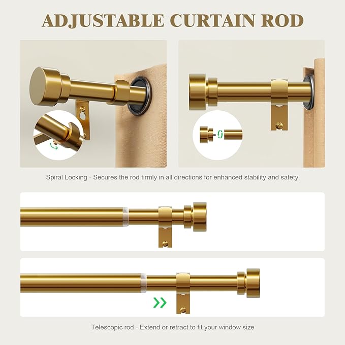 Oneach Heavy Duty Curtain Rods for Windows 66 to 120 Inch, 1 Inch Brass Gold Curtain Rod, Adjustable Length Rod with Metal Finials, Modern Decorative for Bedroom Kitchen Living Room (16 to 120 Inch)