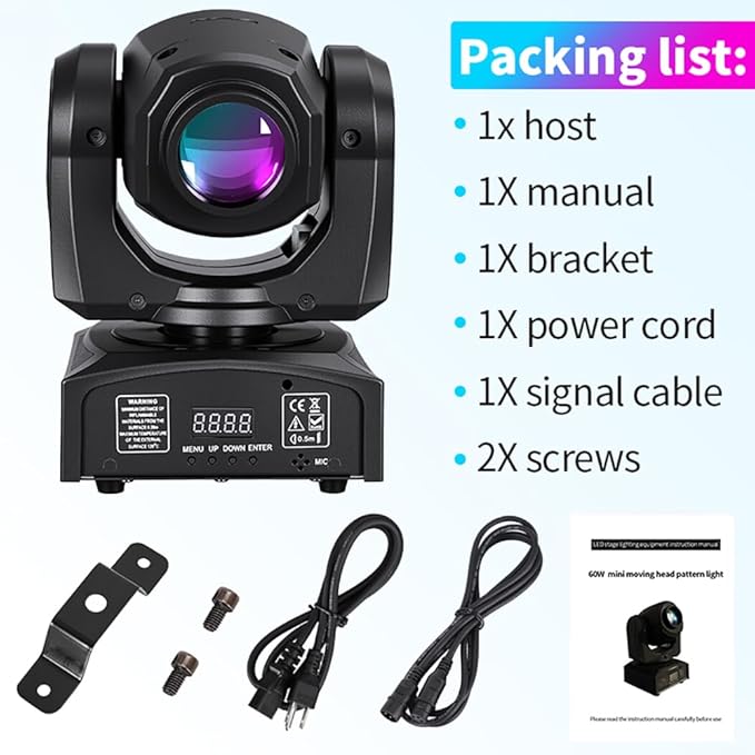MINGJIE 60W LED Moving Head Stage Lights with DMX512 Control - 8 Gobos & 8 Colors, Sound Activated, 540° Pan & 270° Tilt, Compact DJ Light for Wedding, Party Stage Lighting (1Pack=2PCS)
