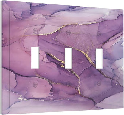 Decorative Switch Plates Purple Marbling Golden Line 3 Gang Wall Plate Triple Toggle Light Switch Cover Faceplate Electrical Wall Panels for living Room Bathroom Decor