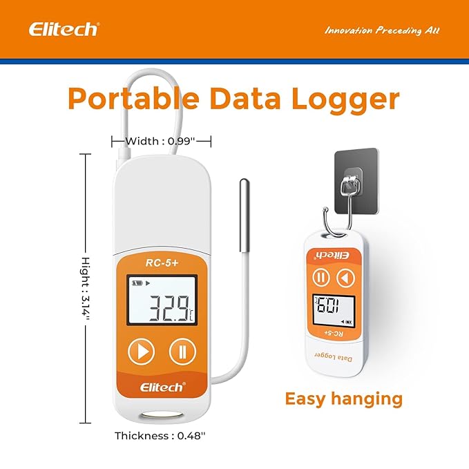 Elitech RC-5+ TE Digital PDF USB Temperature Data Logger Reusable Recorder Refrigerator Thermometer 32000 Points High Accuracy (Extra External Sensor)-100Pack