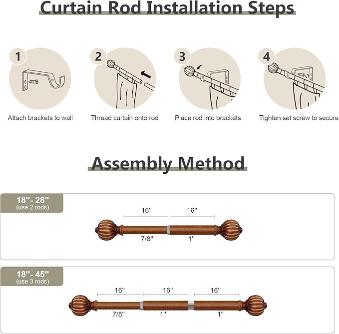 Dark Brown Wood Curtain Rods for Windows 28 to 48 Inch, 1'' Adjustable Heavy Duty Curtain Rod，Vintage Imitation Wood Decorative Drapery Rods with Pumpkin Finials for Bedroom Living Room