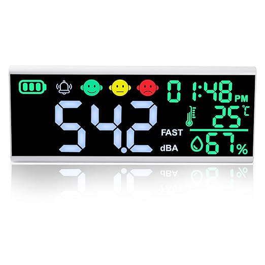Decibel Meter 13 inches 30~130dB Sound Level Meter, Large LCD Display Wall Hanging Sound Gauge, Noise Level Detector, Decibel Monitoring Device, Time, Temperature, Humidity for Studio Classroom Home