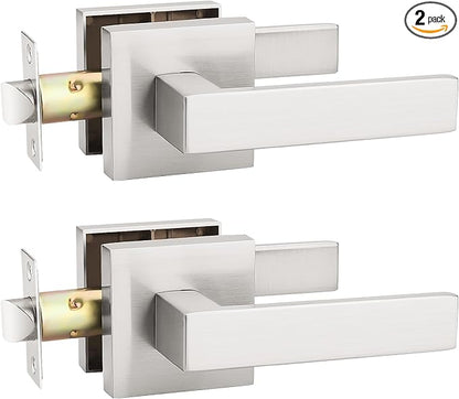 KNOBWELL 2 Pack Brushed Nickel Door Handle, Passage Door Knob Interior Closet Door Handle Without Lock and Key, Reversible for Left and Right(No Lock)