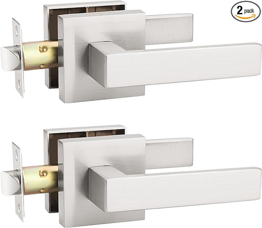 KNOBWELL 2 Pack Brushed Nickel Door Handle, Passage Door Knob Interior Closet Door Handle Without Lock and Key, Reversible for Left and Right(No Lock)
