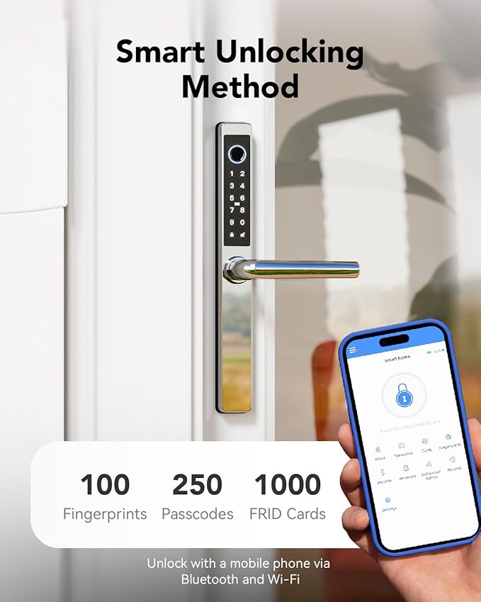 Electronic Smart Door Lock Fingerprint Door Lock with Keypad，Smart Lock for Front Door Children Proof IC Card,40–90mm Multipoint Locks (Not Suitable Point Mortise Lock)(OSP Mirror Silver)