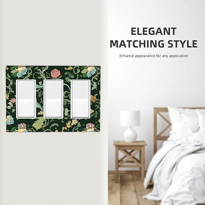 Decorative Outlet Covers Vintage Green Leaf Plant Rustic Pink Flower 3 Gang Wall Plate Triple Rocker Light Switch Cover Plate Jumbo Electrical GFCI Faceplate for Home Decor