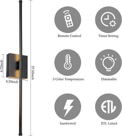 LED Wall Sconces with Remote Control, Dimmable Wall Sconces Set of Two, 5 Colors 3000K-6500K & Dimmable, Hardwire Wall Light with Timer & Night Light, LED Black Wall Lamps for Living Room, Bedroom