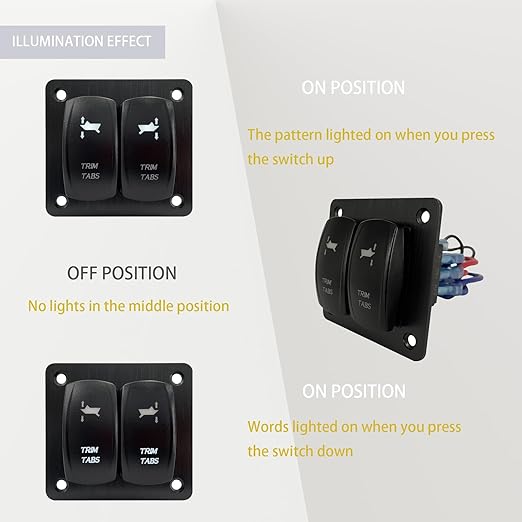 White Led Trim Tabs Panel (ON)-Off-(ON) Momentary Rocker Switch Panel 3 Way Toggle Switch Panel for Marine Boat Pontoon Yacht Console 12V/20A 24V/10A Waterproof IP68