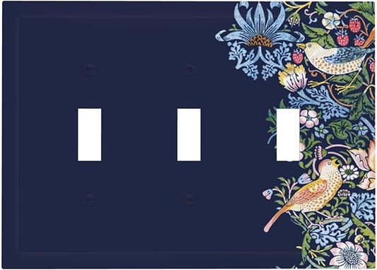 Decorative Light Switch Cover Plate Vintage Blue Morris Strawberry Thief Bird Flower 3 Gang Wall Plate Oversized Triple Toggle Switch Cover Plate Jumbo Faceplate