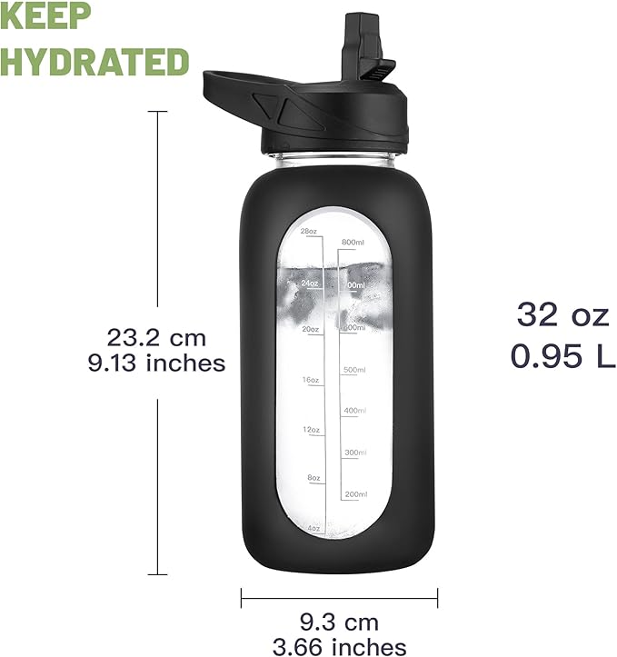 CIVAGO 32 oz Glass Water Bottle with Straw and Insulated Bottle Holder Sling, Motivational Water jug with Time Marker and Silicone Sleeve, Water Flask with 2 Lids for Walking and Gym Sage