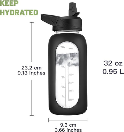 CIVAGO 32 oz Glass Water Bottle with Straw and Insulated Bottle Holder Sling, Motivational Water jug with Time Marker and Silicone Sleeve, Water Flask with 2 Lids for Walking and Gym Sage