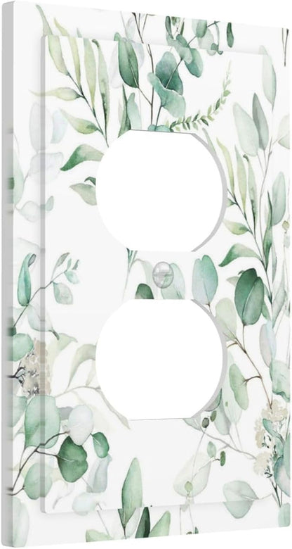Boho Green Eucalyptus Leaf Floral Plants Flowers Outlet Covers 1 Gang Duplex Light Switch Cover Decorative Switch Plates Electrical Receptacle Faceplate Wall Plate for Bed Room Living Room Decor