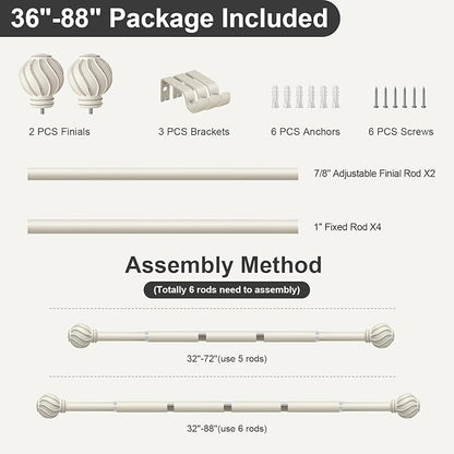 White Curtain Rods for Windows 48 to 84 Inch 7/8" Diamete Heavy Duty Adjustable Window Curtain Rod with Decorative Finials for Farmhouse Bedroom Living Room Kitchen Outdoor