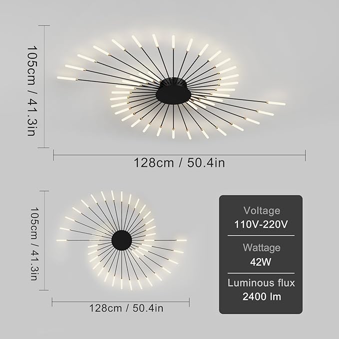 Modern Ceiling Light Flower Shape, Metal Firework Ceiling Lamp with Plug-in LED Source, Lighting Fixture for Living Room Dining Room Bedroom, Natural Light