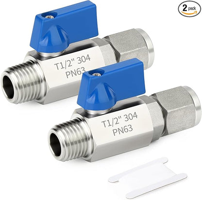 TAISHER 2PCS 304 Stainless Steel Compression Mini Ball Valve Shut Off Switch, 1/2" Tube OD x 1/2" NPT Male