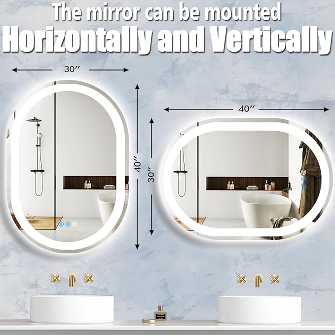 40 x 30 Inch Oval LED Bathroom Mirror with Lights 40 Inch Large Oval Lighted Vanity Mirror for Bathroom Salon Wall Horizontal/Vertical Mounted Anti-fog Smart Memory 3 Color Dimmable Front Lit