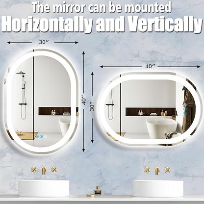 40 x 30 Inch Oval LED Bathroom Mirror with Lights 40 Inch Large Oval Lighted Vanity Mirror for Bathroom Salon Wall Horizontal/Vertical Mounted Anti-fog Smart Memory 3 Color Dimmable Front Lit