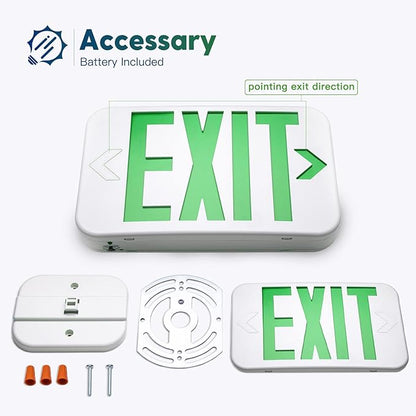 FREELICHT Green LED Exit Sign with Battery Backup，Exit Sign for Business，Easy to Install，UL Certified，AC 120/277V，Pack of 6