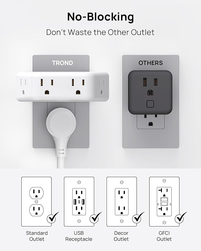 TROND Wall Outlet Extender 3 Pack - Surge Protector Outlet with 4 Grounded Sockets, 3 Way Angled Plug Adapter, 900J, Multiple Wall Splitter for Home Office Dorm Room Essentials, White