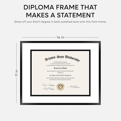 Homeforia 11x14 Diploma Frame Black, High End Metal 11 x 14 Certificate Frame with Mat 8.5 x 11 inch, 14x11 Document Frame Matted to 8.5x11, Award Graduation Frames, Tempered Glass, Wall Kit, Set of 1