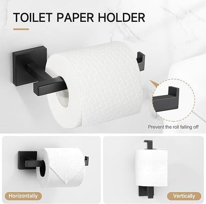 TQKAG 7-Pieces Matte Black Bathroom Hardware Accessories Set 23.6" SUS304 Stainless Steel Towel Bar Set Toilet Paper Spare Rolls Storage Holder Wall Mounted