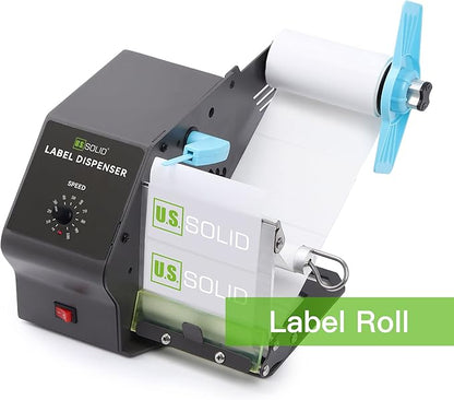 U.S. Solid Automatic Label Dispenser for Long Rolls and Fanfold Labels - Translucent and Opaque - Adjustable Speed - Core Sizes 1", 1.5", 3" - Width 0.2-4.7 in - Max. Roll 11 in
