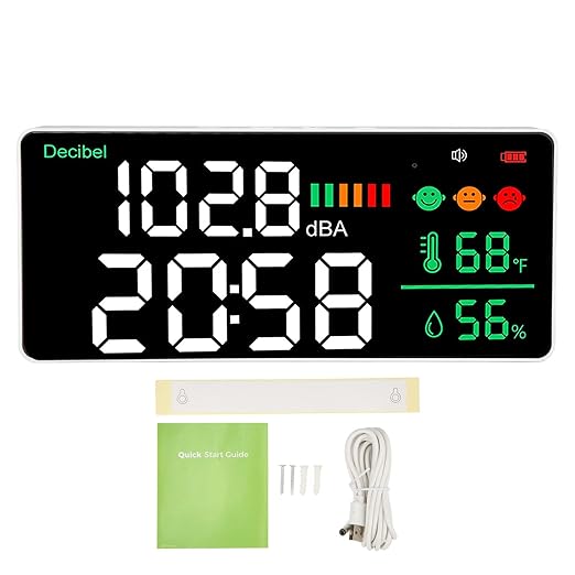 Decibel Meter 11 Inch LED Screen, Wall Mounted Sound Level Reader 30 to 130db, Time Temperature Humidity Display - Sensor, Adjustable Brightness, Ideal for Noise