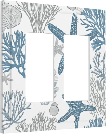 Blue Starfish Nautical Beach Conch Coastal Coral Shell Decorative Outlet Covers 2 Gang Double Gfci Rocker Electrical Wall Panels Light Switch Cover Plate For Kids Room Bathroom Decor