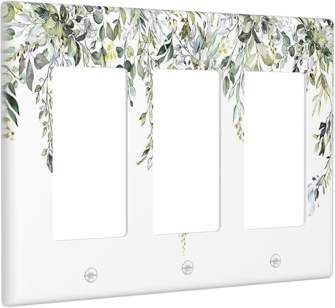 Light Switch Covers Boho Farmhouse Flower Leaf Sage Green 3 Gang Rocker Electrical GFCI Decorative Triple Outlet Wall Plate Cover Switchplate for Bedroom Cabin Decor