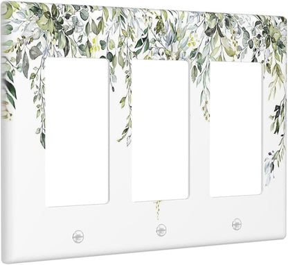 Light Switch Covers Boho Farmhouse Flower Leaf Sage Green 3 Gang Rocker Electrical GFCI Decorative Triple Outlet Wall Plate Cover Switchplate for Bedroom Cabin Decor