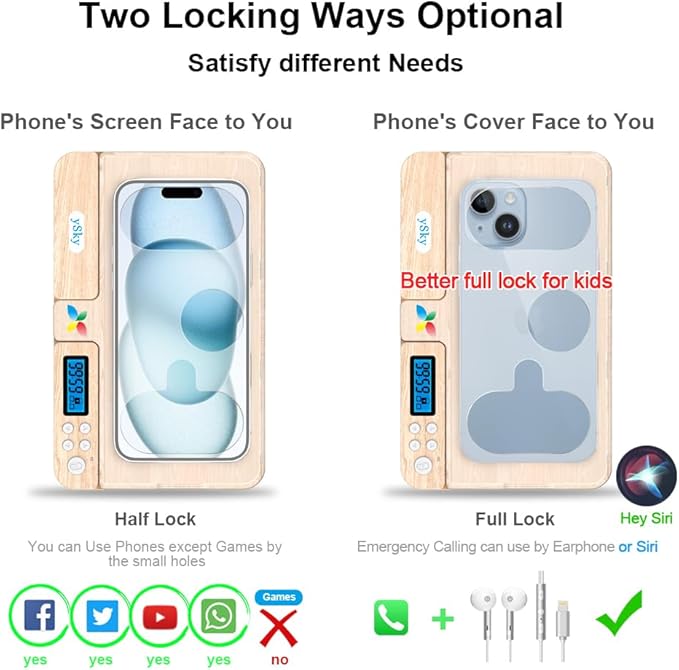 ySky Portable Timed Phone Lock Box for iPhone and Android Phones, Self-Control Timer Phone Locker Box to Help Kids,Students, Adults Focus Back(Woodgrain)