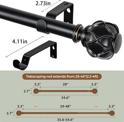 KAMANINA 1 Inch Curtain Rod Telescoping Single Drapery Rod 28 to 48 Inches (2.3-4 Feet), 2 Pack Black Curtain Rods for Windows 16 to 44 Inches, Netted Texture Finials