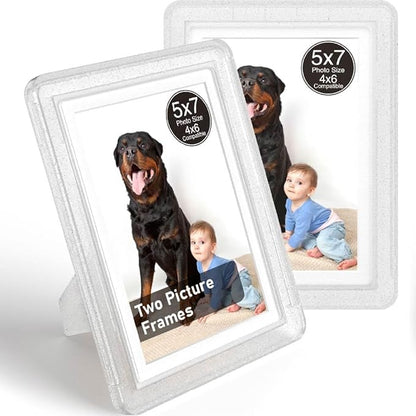 Crystal 5x7 Picture Frame with Acrylic Front 2 Pack, ABS Frame for 5x7 or 4x7 Photos, Shatterproof UV-Resistant Tabletop Photo Frame, Vertical/Horizontal Display for Home Décor
