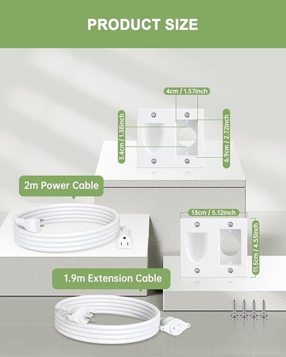 in Wall Cable Management Kit,TV Cord Hider for Wall Mounted TV with Triple Outlet,6.5FT Power Cable and 6.2FT Extension Cable,20A TV Wire Hider for Wall