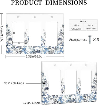 Light Switch Covers Light Blue Watercolor Leaves Plant With Floral 3 Gang Rocker Electrical GFCI Decorative Triple Outlet Wall Plate Cover Switchplate for Bedroom Bathroom Decor