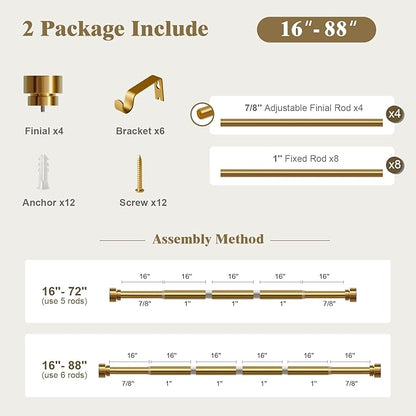 Oneach 2-Pack Heavy Duty Curtain Rods for Windows 48 to 84 Inch, 1 Inch Pole Adjustable Curtain Rod Set with Easy Installation and Modern Design (Brass Gold, 16 to 88 Inch)
