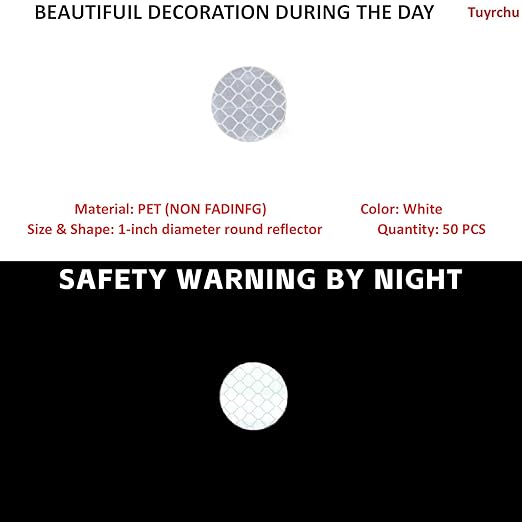 Non Fading White Reflective Stickers 1-inch Diameter Round Reflector, Outdoor Waterproof High Visibility Warning Adhesive Tape (50 Pcs)